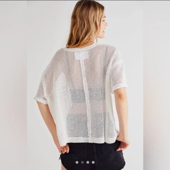Free People We The Free Sonnet Tee Crochet Mesh Dropped Shoulder Top S - Picture 2 of 8
